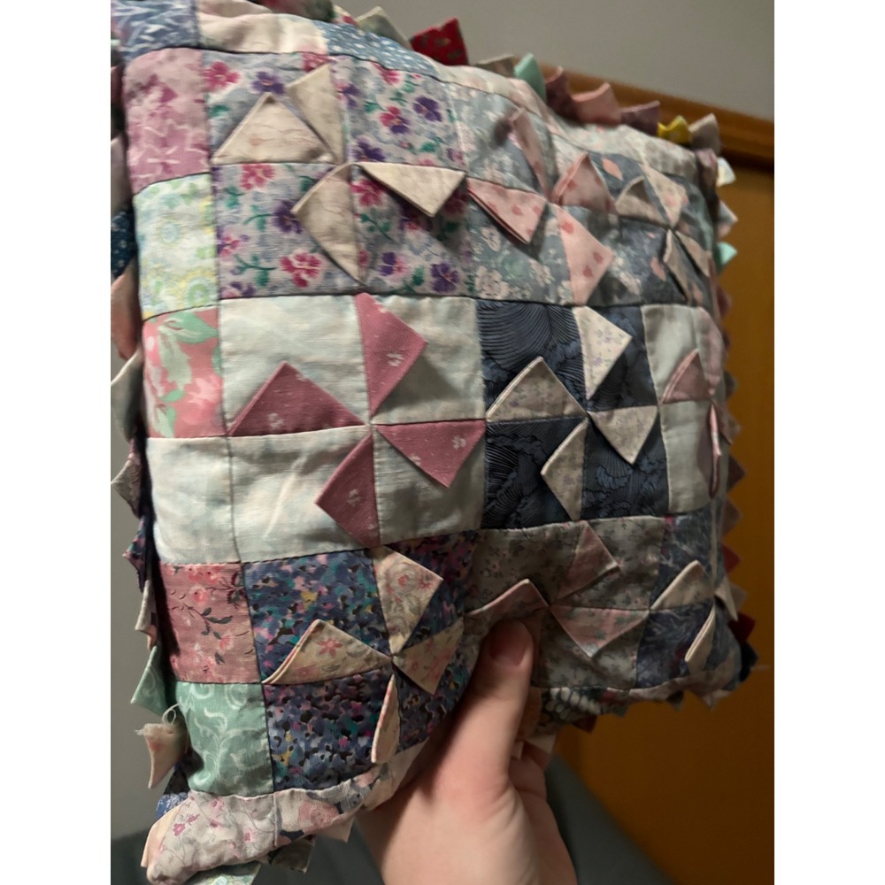 Handmade Quilted Pillow Cottagecore‎ Pinwheel Floral Accent Pillow 12" - Picture 2 of 5